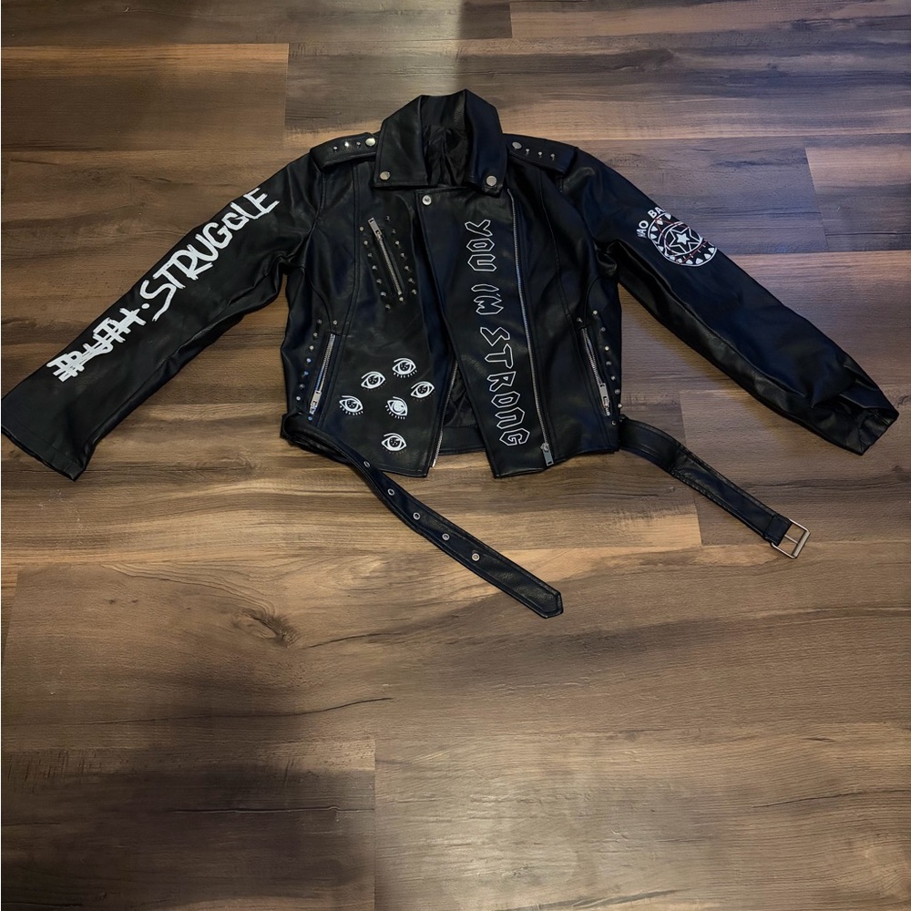 Black Leather Jacket with White Graphics Size Medium
